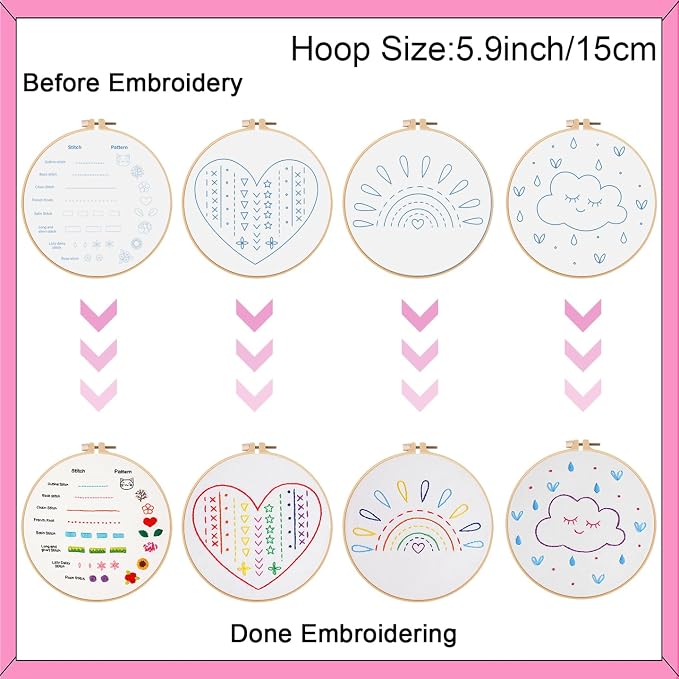 Louise Maelys 12 Pre-Stamped Embroidery Kits for Beginners, Cross Stitch for Kids Girls,DIY Needlepoint Craft Sewing,Practice Kit Supplies,Funny Cute Pattern,Perfect for Ages 8-12