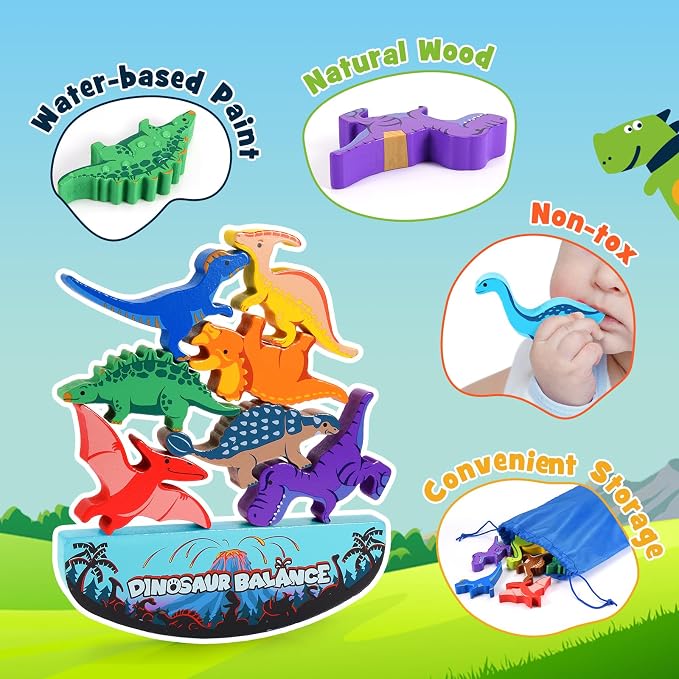 IPOURUP Dinosaur Toys for Kids 3-5: Wooden Stacking Montessori Toys for 3 4 5 6 7 8 Year Old Balance Competition Game for Family Ideal Christmas Birthday Gifts for Kids Ages 3-8 (Double Version)