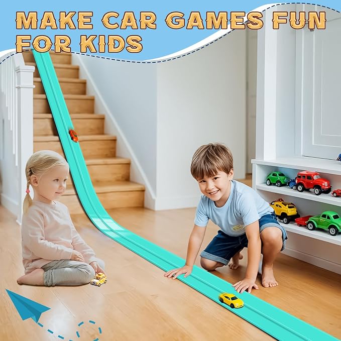 Flex Track 15 Ft Starter Set, Flexible Race Car Ramp Track for Ages 3 & Up with Suction Cups Compatible with Diecast 1/64th Cars