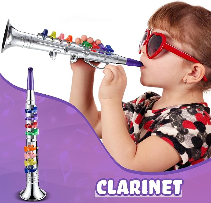Lewtemi Silver Clarinet Musical Instruments Toy for Kid Toddler Fake Plastic Preschool Music Toy Gift Portable Wind Instrument Early Educational Teaching Songs Toy Gifts for Toddlers Children
