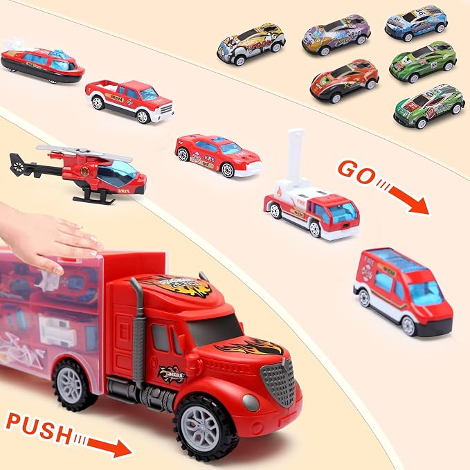 Toddler Toys for 3-4 Year Old Boys,Large Transport Cars Carrier Set Truck Toys with 12-in-1 Vehicles Truck Toys Cars,Ideal Christmas Easter Gifts Toys for Kids Age 3-7,Red