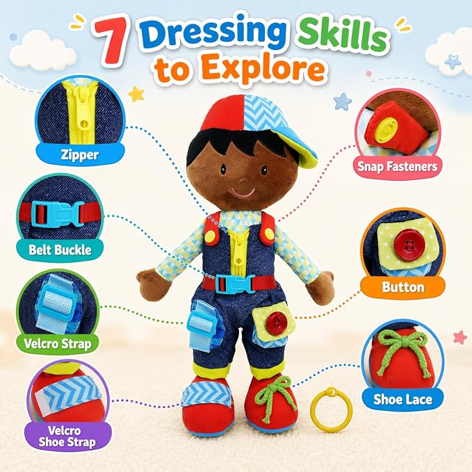June Garden 15.5" Dressy Friends Isaiah - Educational Stuffed Plush Doll for Kids and Toddlers 2 Years and Up - Montessori Buckle Soft Toy