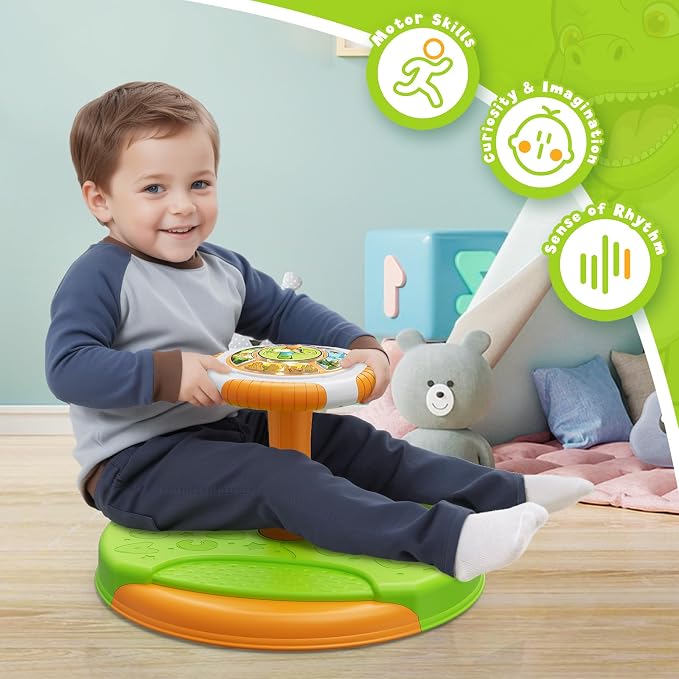 HYES Dinosaur Sit and Spin Toys for Toddlers 1-3 Boys, 360° Toddler Spinning Seat with LED Lights and Music, Sensory Toys Birthday for Kids 3-5