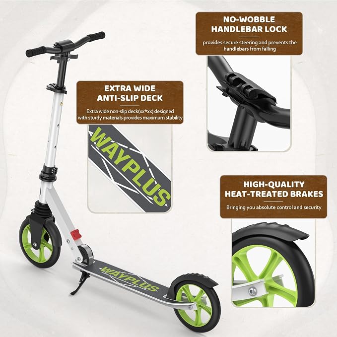 WAYPLUS KS1 Kick Scooter for Ages 6+,Kid, Teens & Adults. Max Load 240 LBS. Foldable, Lightweight, 8IN Big Wheels for Kids, Teen and Adults, 4 Adjustable Levels. Bearing ABEC9 FED Fitness