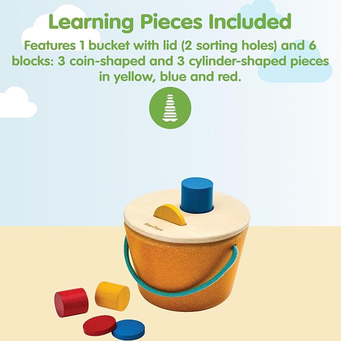 PlanToys® Drop & Fit Bucket | Wooden Shape Matching Toy for Babies 5M+ | Montessori Educational Sorting Toy with 6 Blocks | Develops Hand-Eye Coordination, Shape Sorter & Problem-Solving Skills