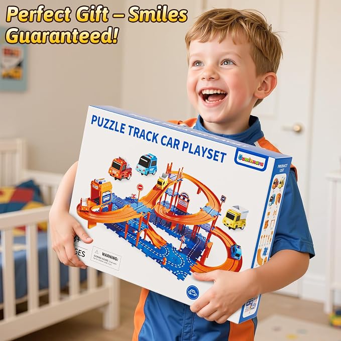 Puzzles Track Race Cars Toys for Kids Age 3-8 5-7, 4-Tier Race Track with 3 Cars, Toddler Educational Floor Puzzle Car Games Toys for Boys and Girls Toddlers, 3 4 5 6 7 8 Years Birthday Gift