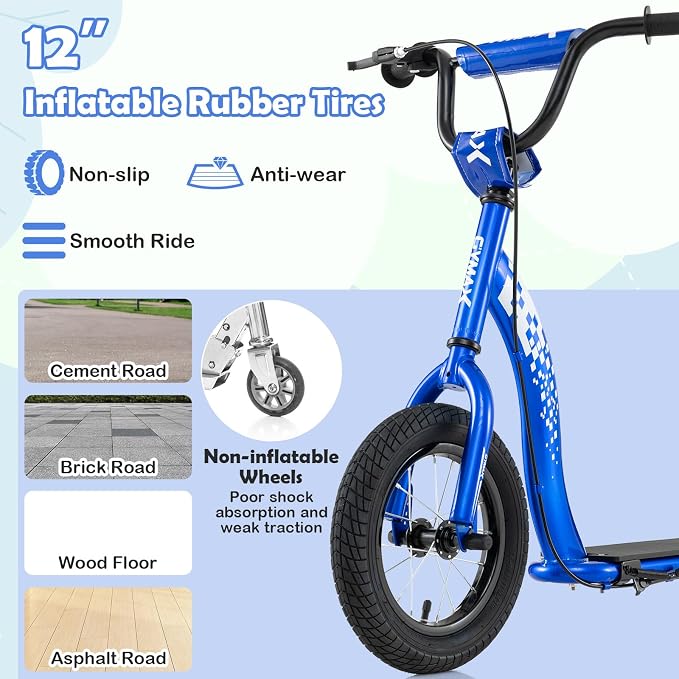 GYMAX Scooter, Kick Scooter for Adults, Teens, Kids with Adjustable Handlebar, 12” Inflatable Wheels, Front Caliper Brake & Non-Slip Deck, Heavy Duty Off-Road Scooter