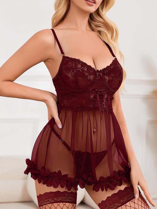 Foxiny Sexy Ruffle Floral Skirt Underwire Mesh Sheer Lace Babydoll Lingerie Dress with Thong 2 Piece