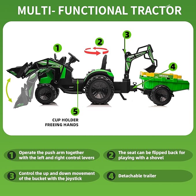 3 in 1 Ride on Tractor, 24V Ride on Toy for Big Kids, Excavator Bulldozer - Battery-Powered Electric Vehicle w/Trailer, Digger, Remote Control, LED Lights, Music, USB, Battery Powered, Green