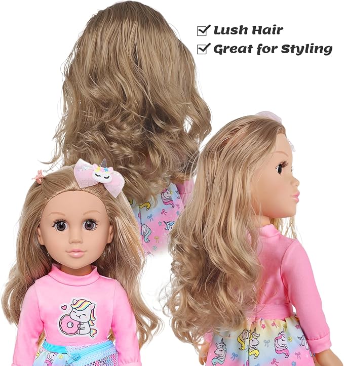 Ecore Fun 18 Inch Girl Doll with Clothes Accessories, Fashion Doll with Styling Brown Hair, Unicorn Hair Clip, Phone, Bag, Outfit & Shoes, Gift Ready for Birthday & Pretend Play