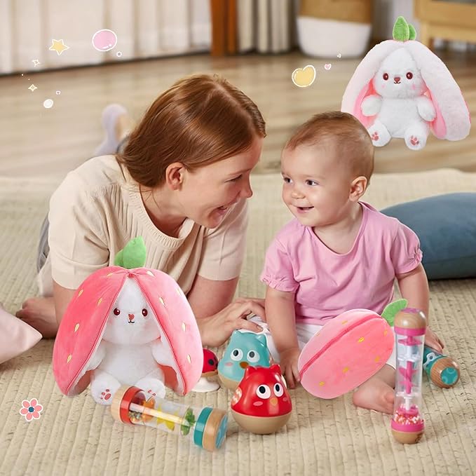 MIAODAM 13.7in Large Easter Bunny Stuffed Animal, Kawaii Squishy Cute Easter Bunny Plush Turn Into Rabbit Fruit Doll Strawberry, Christmas Plushies Funny Bunny Toy for Kid Gift for Girlfriend