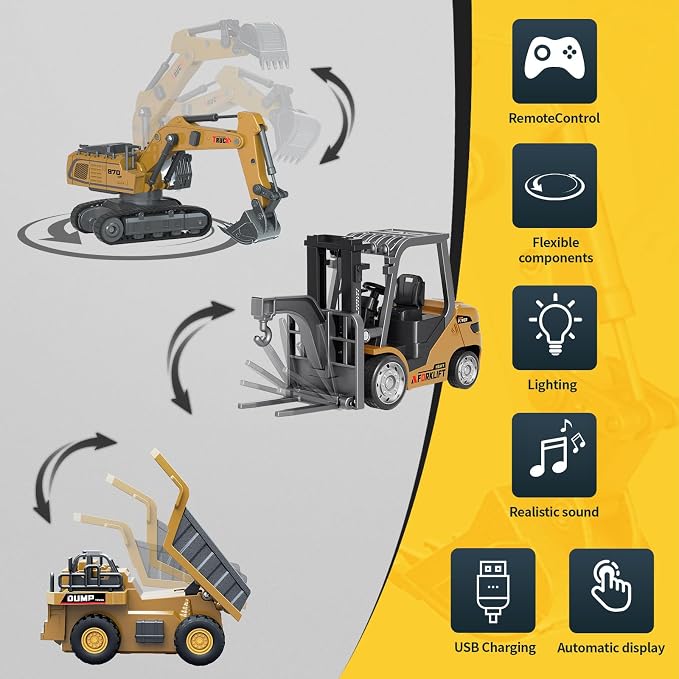 RC Construction Vehicles Toys Set 3 in 1 with Mini Excavator Dump Truck Forklift Real Lights & Sounds and Movable Parts & Traffic Sign Construction Site Map USB Charge Birthday Gifts for Kids Adults