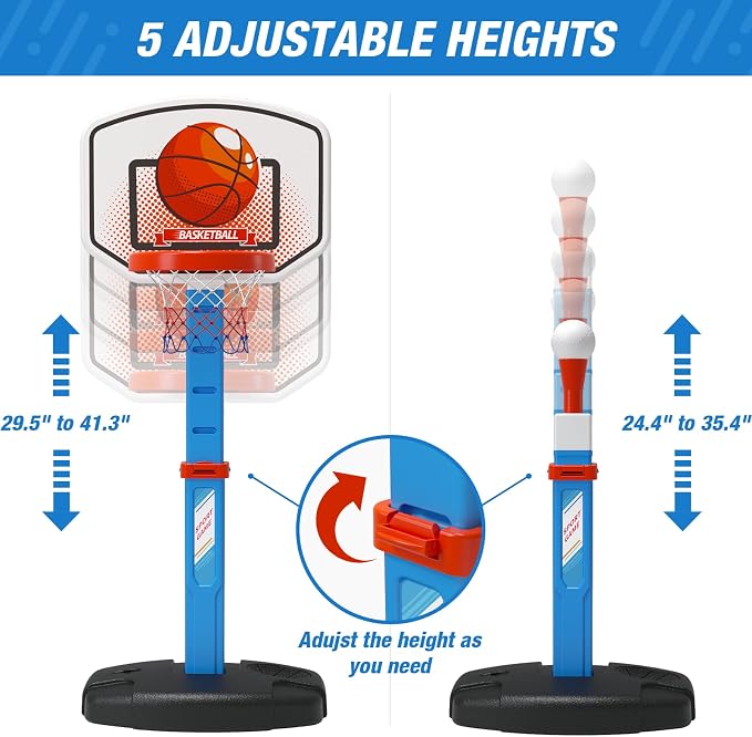 HYES 2 in 1 Kids Basketball Hoop and T Ball Set - Adjustable Height, Kids Baseball Tee with Automatic Pitching Machine, Indoor Outdoor Sport Toys Gifts for Toddler Boys Girls Age 1-5, Blue