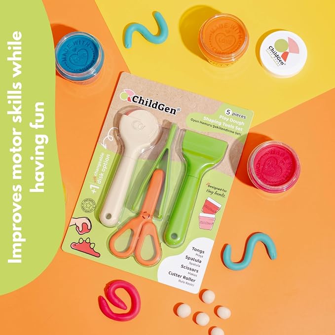 Childgen Play Dough Tools Set for Kids 6 Piece Modeling Clay Tools Kit with Cutter Roller, Scissors, Spatula & Tongs Creative Sensory Play Dough Accessories for Toddlers & Preschoolers