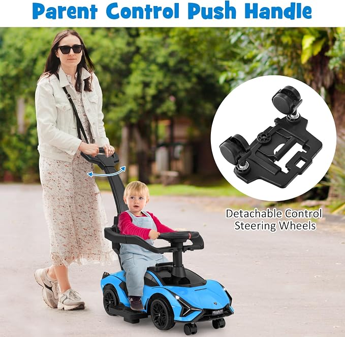 INFANS 3 in 1 Ride on Push Car, Licensed Lamborghini Baby Sliding Walking Car with Parent Control Handle, Music, USB, Headlight, Under Seat Storage, Foot-to-Floor Toy for 18-60 Months (Blue)
