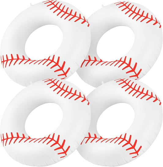 4 Pcs Baseball Stitching Pool Floats - 28 Inch Sports-Themed Kids Swim Rings (Ages 10-15), Inflatable Pool Toys for Hawaiian, Beach, Water Park