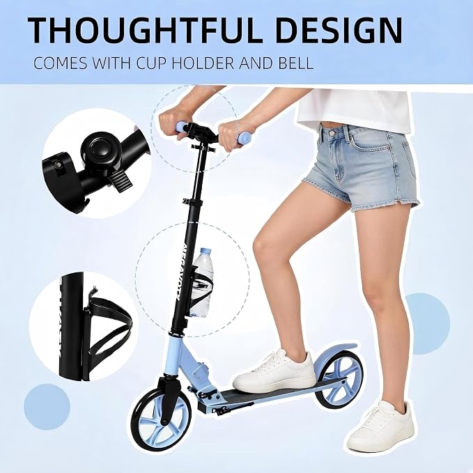 Foldable Kick Scooter for Kids Ages 6-12, Teens & Adults. Non-Electric Scooter with Big Wheels, Adjustable Height, Rear Foot Brake. Lightweight Design for Daily Commute & Outdoor Riding