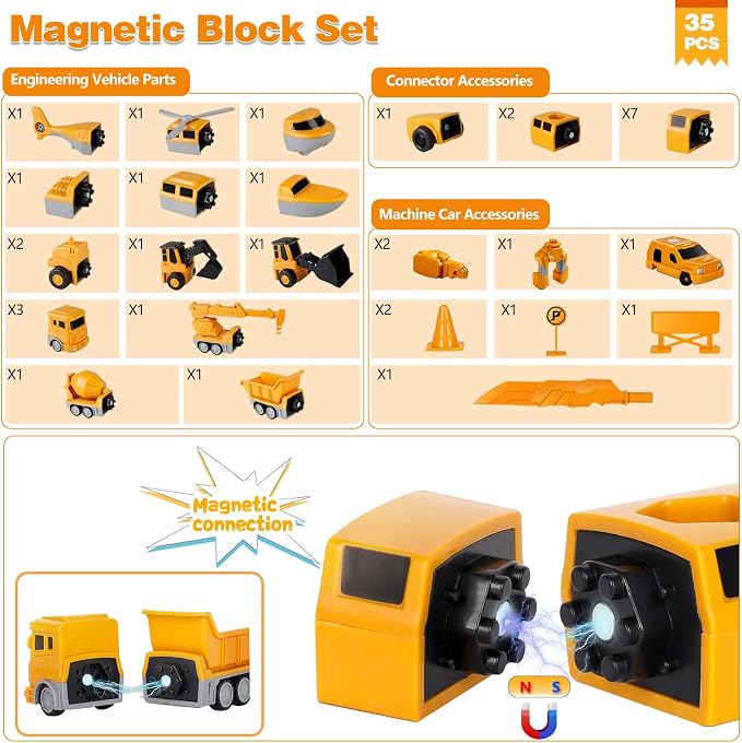 Magnetic Transform Engineering Car Assembled Toys, Construction Vehicles with Storage Box, 7 in 1 Robot Toys Set, Magnetic Blocks for Kids Age 3-8 Year Old Boy Gift, Outdoor Toddler Activities Toys