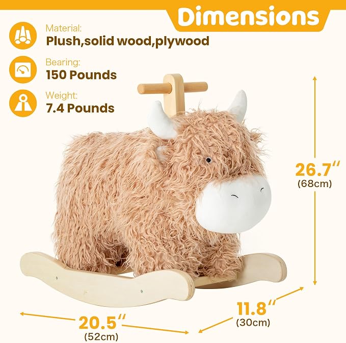 Baby Rocking Horse for 1 Year Old,Wooden Cow Animal Rocker Ride-on Toy Plush Wooden Rocking Toy for Nursery Playroom Indoor Wooden Rocking Horse Balance Seat with Handles Birthday Party Shower Gift