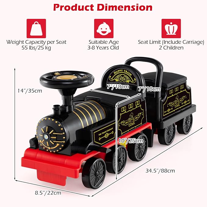 OLAKIDS 6V 2-Seater Ride on Train with Carriage, Storage, Train Whistle, Music, Lights for 18 Months+ (2 Seaters, Retro)