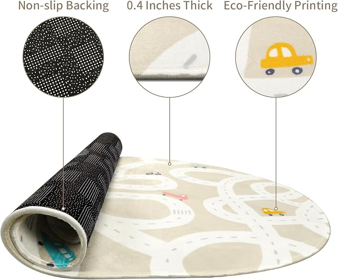 STARUIA Large Kids Rug for Playroom, 4x6 Washable Road Car Rug for Kids Room, Non-Slip Car Carpet for Boys Room, Tan Traffic Classroom Rugs Soft Baby Play Mat for Bedroom Dorm Nursery Tent