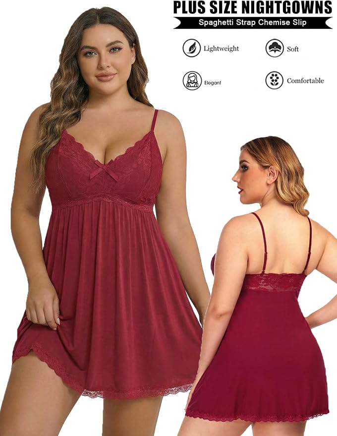 Avidlove Women Nightgown Sexy Sleepwear Lace Chemise V-neck Modal Babydoll Lounge Dress