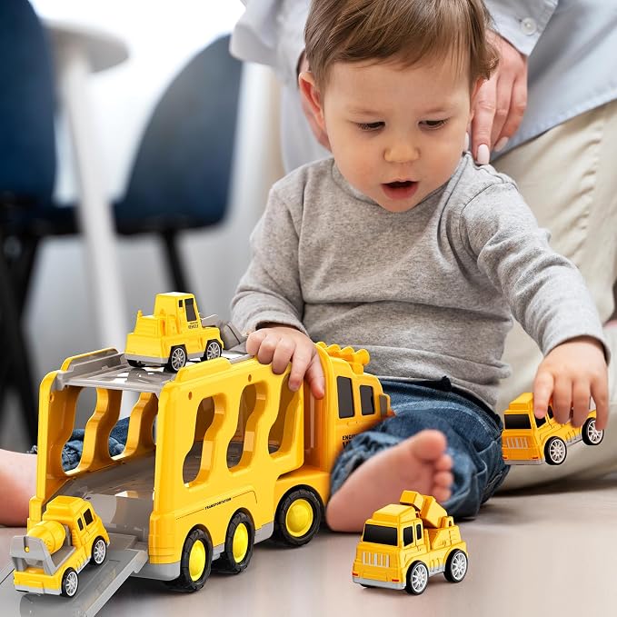 FunMission Toddlers Construction Toys for Kids 3-9 Year Old，5 in 1 Friction Power Vehicle Car for 3 4 5 6 7 Years Old Boys Girls，Carrier Truck Transport Toys for Christmas and Birthday Gifts