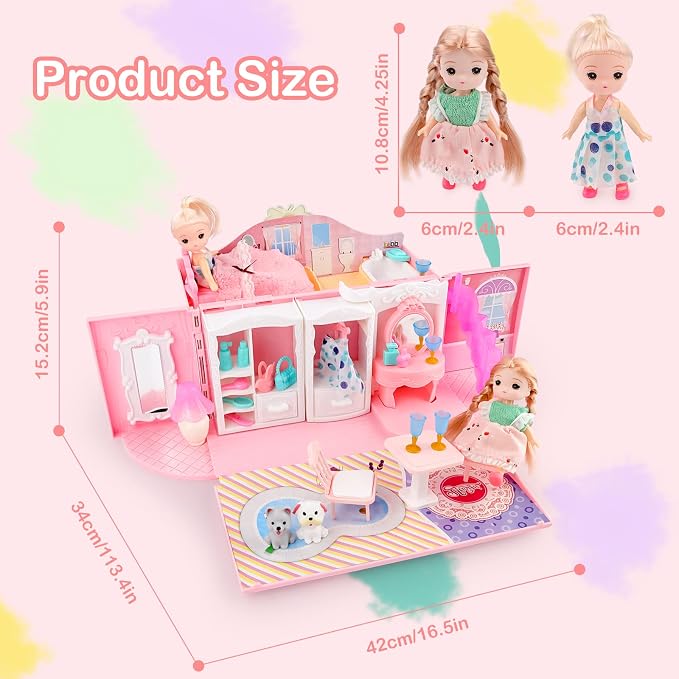 deAO Dollhouse Portable Backpack for Girls Pretend Playhouse with Furniture & Figures 2 in 1 Playhouse Set Birthday Toys for Age 3-6 Year Old Kindergarten Toddlers Preschoolers