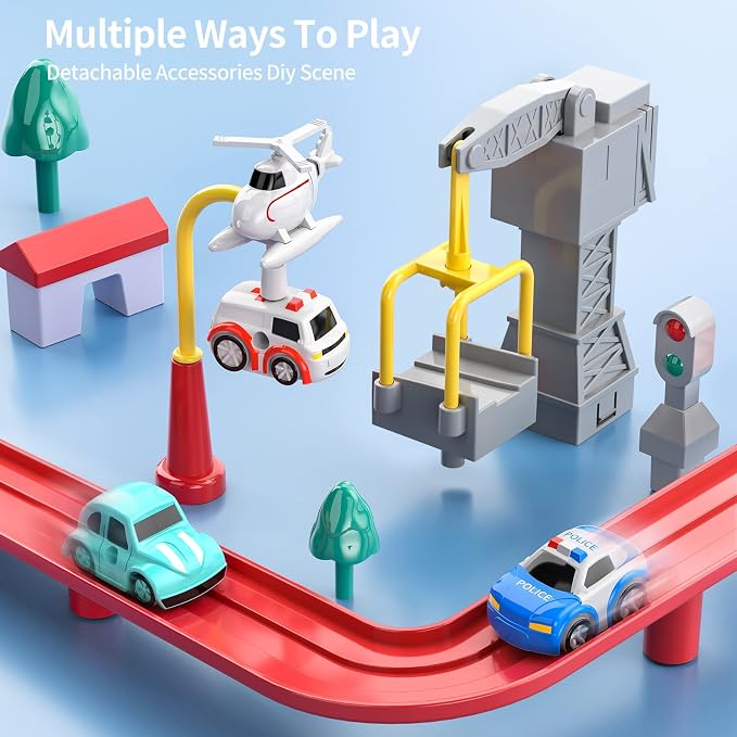 Car Race Track for Kids Ages 4-8, Kids Car Toys for 3 Year Old Boys, Race Track for Toddlers, City Set with 3 Small Cars(14.2 * 14.2 * 9in)