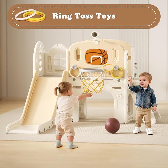 XJD 8 in 1 Toddler Slide Set, Kids Slide for Toddlers Age 1+, Climber Slide PlaySet with Basketball Hoop and Ball,Outdoor Indoor Playground for Toddlers 1-3 (Beige, Small)