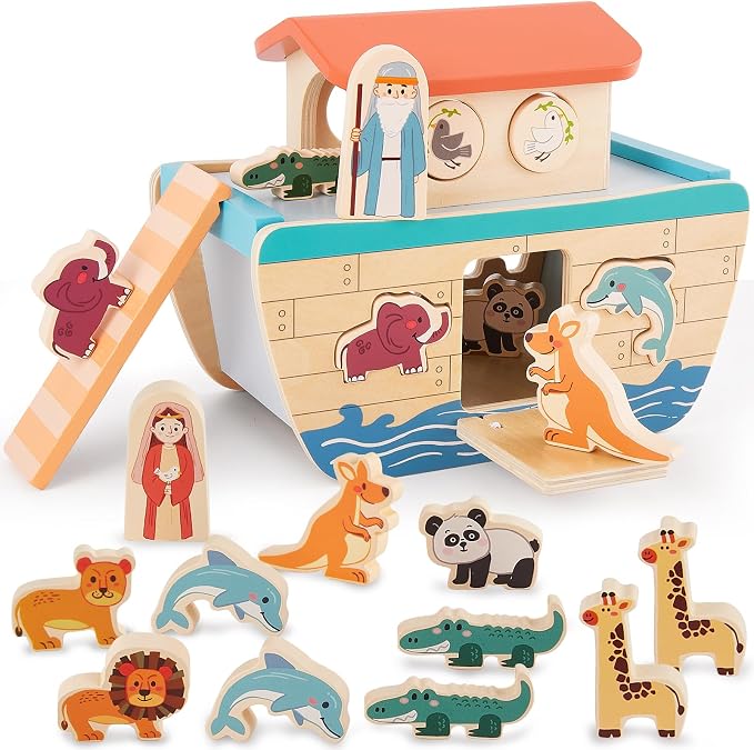 HERSITY Wooden Noah's Ark Toy for Montessori Learning 1 Year Old Baby Boy and Girl, Baptism Gift Wooden Animal Shape Sorter First Birthday Presents for Toddlers 1-3