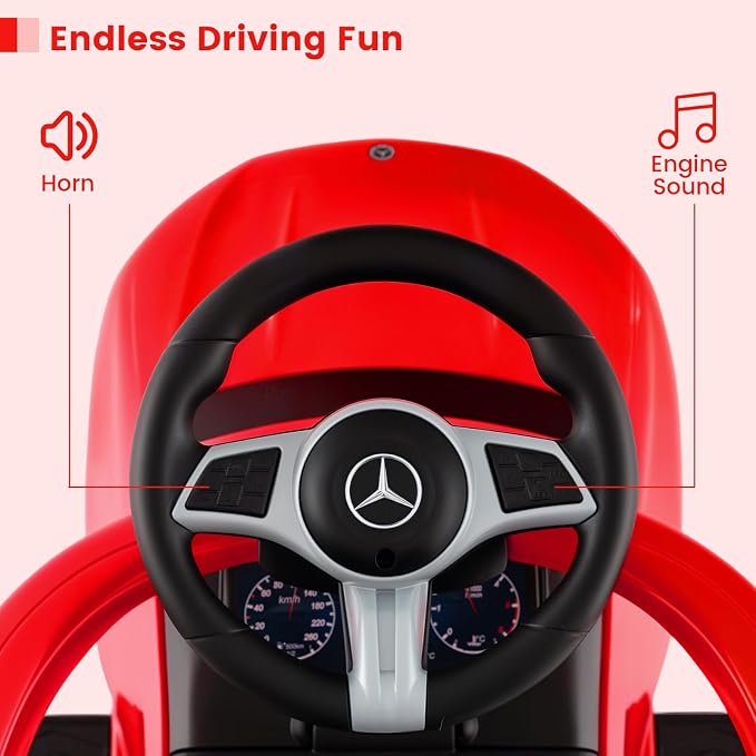 OLAKIDS Push Car for Toddlers, 3 in 1 Licensed Mercedes Benz Baby Sliding Walking with Parent Control Handle Adjustable Canopy Guardrail Under Seat Storage, Kids Ride on Toys with Horn (Red)