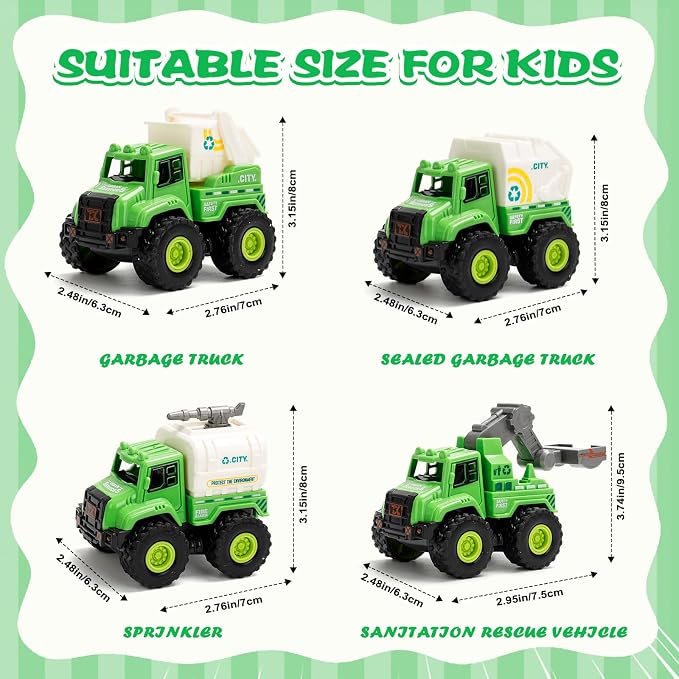 4 Pack Friction Powered Garbage Truck Toys, Push and Go Sanitation & Recycling Vehicle Set with Realistic Details, Eco-Friendly Trash Trucks for Toddlers 1-5, Gift for Boys Girls