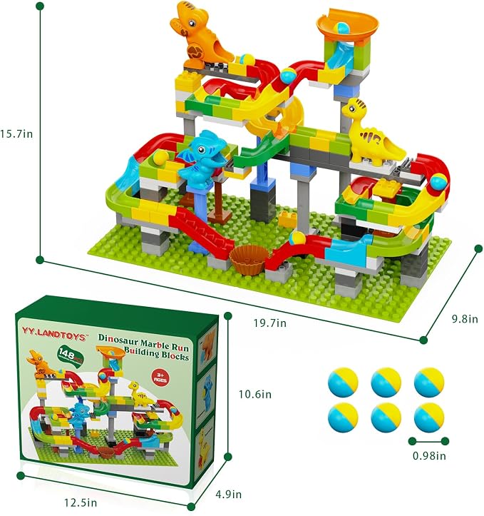 Dinosaur Marble Run Building Blocks, 148PCS Compatible with LEGO DUPLO Marble Runs for Kids 4-8, Montessori Educational Learning STEM Toys, Dinosaur Toys for Kids 3-5, Toddler Toys for Age 3+, Gift