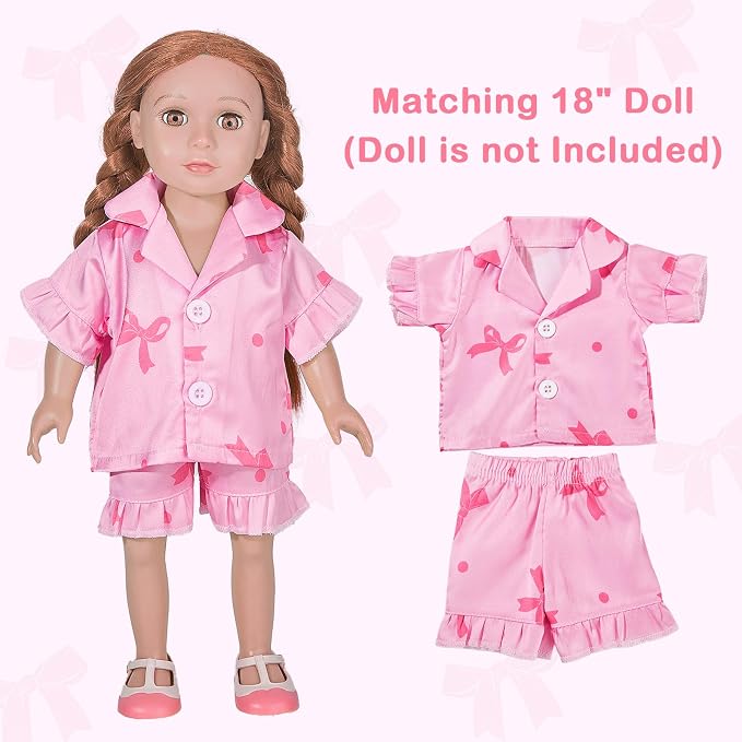 ICOSY Matching Doll & Girls Silk Pajamas Satin Pjs for Girls Button-Down Top and Shorts for 18" Doll Girl Clothes