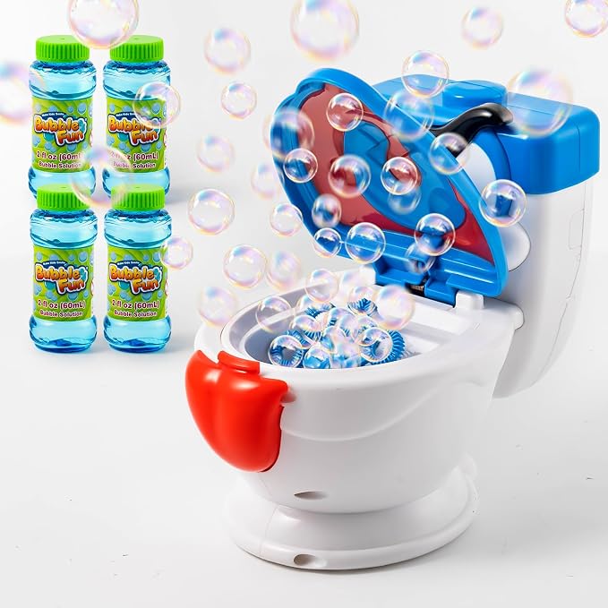 Funny Toilet Bubble Machine with Flushing and Gurgling Sounds, Automatic Bubble Blower, Bubble Maker for Kids Toddlers, Leak-Resistant Outdoor Toy with 2oz x 4 Bubble Solution for Birthday Gift Party