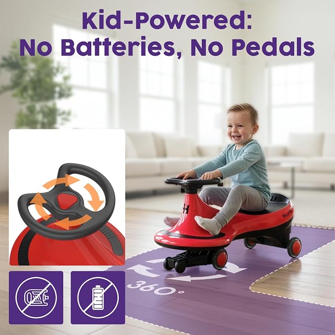 Hurtle Swing Ride On Car, Wiggle Car Toy for Kids, No Pedals, Batteries or Gears, Safe Toddler Ride On Toy with Twist & Go Motion, for Indoor & Outdoor Use, Suitable for Kids Above 2 Years, Red