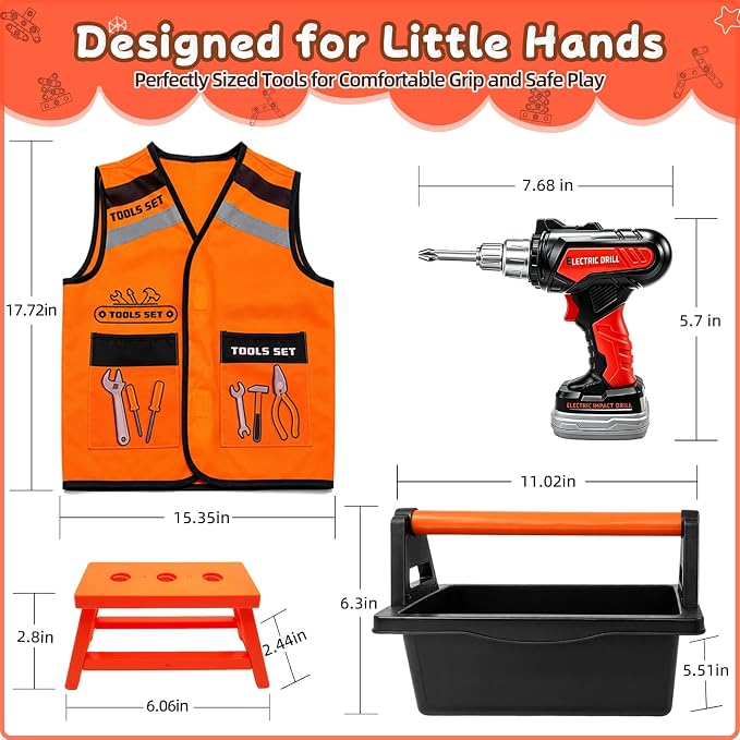 49 PCS Kids Tool Set with Toy Electric Drill, Construction Dress Up Pretend Play Kit with Tool Box, Washable Vest, Goggles & STEM Building Plate, Birthday Gift for Boys Toddlers Age 3 4 5 6 7