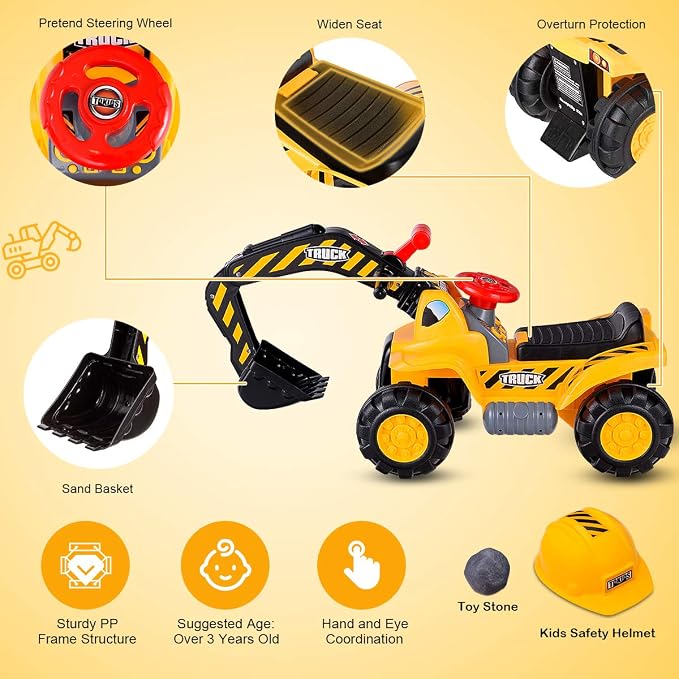 HONEY JOY Ride on Excavator, No Power Ride on Construction Vehicles for Kids, Helmet, 3 Toy Rocks, Adjustable Digger, Horn, Ride On Loader, Bulldozer Ride on Toy, Gift for Boys Girls