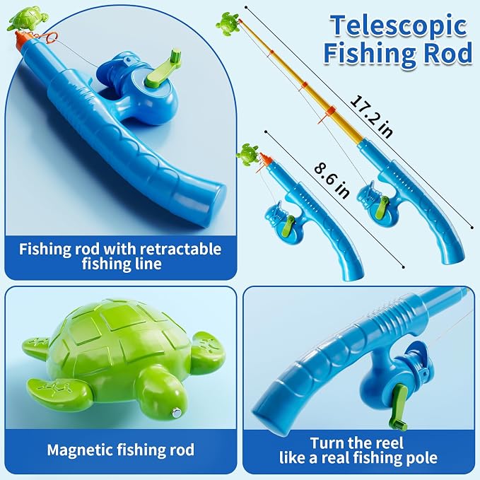 Magnetic Fishing Game Toys for Kids Toddlers 3-5 4-8, Water Table Bathtub Toys with Inflatable Pool Pole Rod Net Floating Fish, Water Bath Pool Outdoor Toys for Boys Girls Age 3 4 5 6 7 8 Year Old