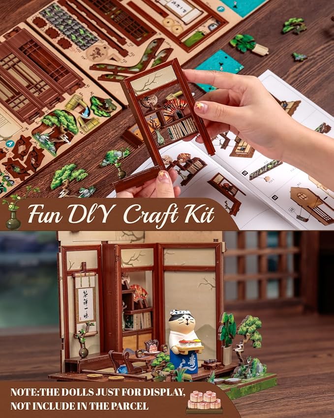 Cutefun Book Nook Kit - DIY Miniature Dollhouse Kit for Adults, Teens and Beginners, Japanese Tea Room Booknook Tiny House Bookshelf Decor 3D Wooden Puzzles, Gifts for Friends and Family (Tea House)