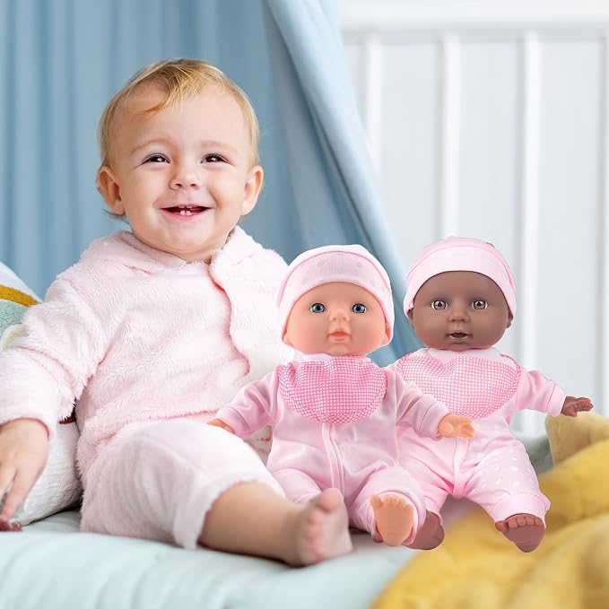 Toy Choi's Twin Baby Dolls 12 inch Soft Body Black and White Doll Set, Babydoll Playset with Rompers, Hat, Pacifier and Doll Bibs, Gifts Toys Toddlers Kids Boys and Girls | Pink Outfit Doll Set
