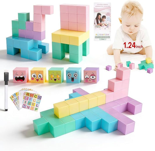 35 PCS Large Magnetic Blocks for Toddlers - 1.24" Magnetic Cube with Stickers, Magnet Blocks STEM Learning Sensory Toys for Kids & Preschoolers, Brithday Gifts for 3-5 Year Old Boys Girls