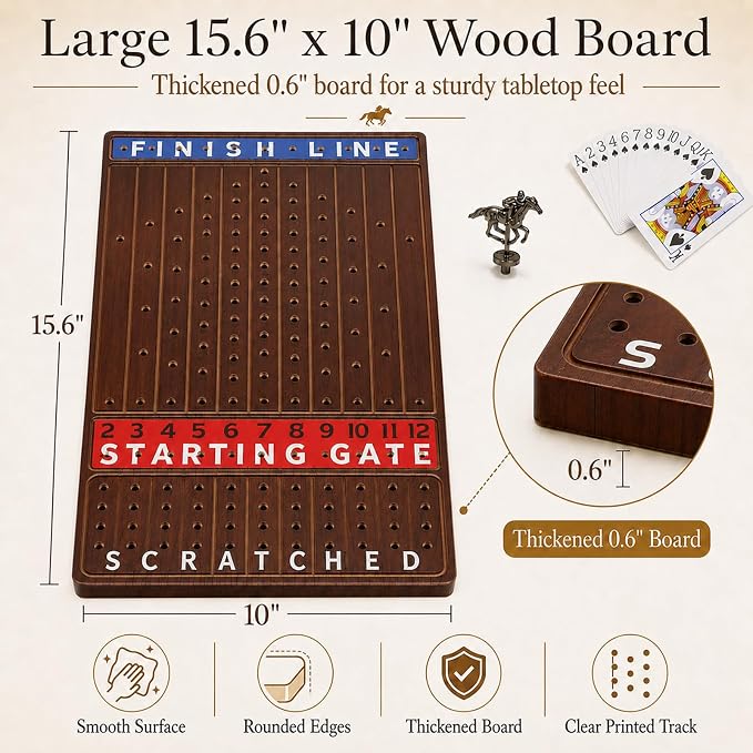 Jyquorp Horse Race Board Game Wooden Kentucky Derby Party Game Set with 11 Metal Horses, 2 Dice & 2 Card Decks, Large Solid Wood Horse Racing Board Game for Family & Adults (15.6" x 10")