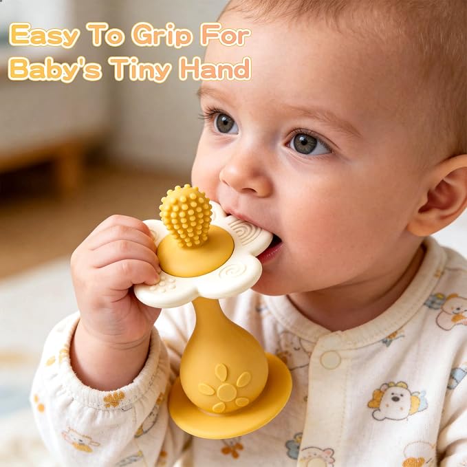 Baby Silicone Flower Teether & Rattle Toys for Babies 0-24 Months, Nipple-Shaped End for Sucking Needs - 360° Toothbrush Teether Head for Sore Gums, Stand-up Base, Flower Texture, Easy to Grip -Yellow