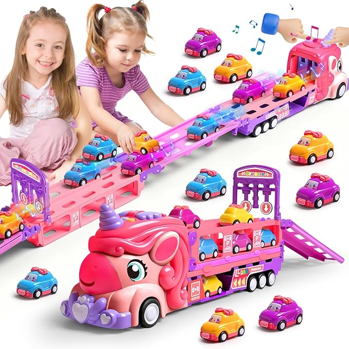 Unicorn Car Toys for Age 3 4 5 6 Year Old Toddler Girl, Foldable Track & 2 Player Race Mode Game, Light & Sound Push Transport Carrier Truck W/ 9 Princess Toy Cars, Birthday Gift for Girls Age 4-6