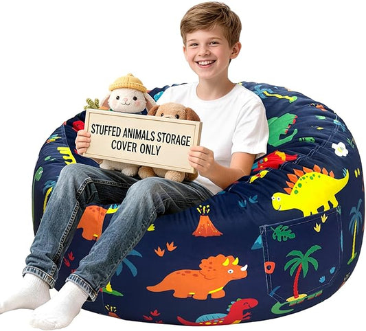 Lukeight Dinosaur Stuffed Animals Storage Bean Bag Chair Cover for Kids Teens, Cozy Velvet Plush Toy Organizer Seat, Cover Only, No Filling Included, Long YKK Zipper, Side Pocket, XX-Large 36 x 20 in