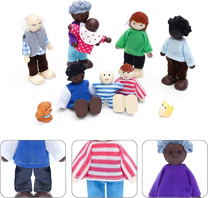 ONEST 10 Pieces Wooden Dollhouse Family Set Mini People Figures Sets Dollhouse Dolls Wooden Doll Family Pretend Play Figures Accessories for Pretend Doll House