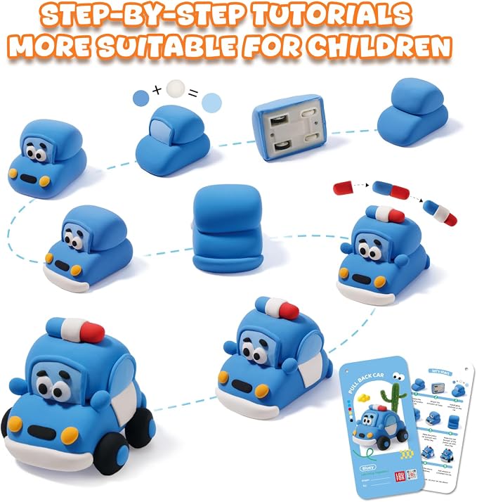 Air Dry Clay Kit for Kids - Pull Back Car Making, 3 Boxes Modeling Clay with Sculpting Tools, Base, Backing Board, Tutorial, Ultra Light & Soft, Non-Toxic & Safe, Creative DIY Arts and Crafts Toys