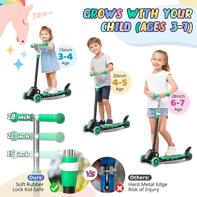 3 Wheel Kids Kick Scooter for Ages 3-12, Lean-to-Steer, Light-Up Wheels, 3-Level Adjustable Handlebar 27.5”-33”, Wide Non-Slip Deck, Dual Rear Brake,Travel Foldable, for Boys & Girls Toy Gifts